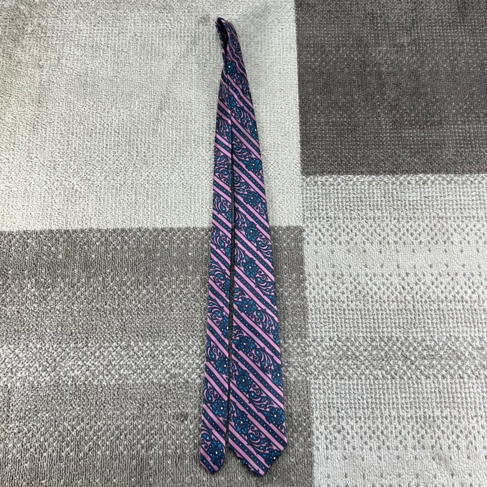 Christian Dior Mens Silk Tie Pink Blue Paisley Striped Woven in Italy USA Made